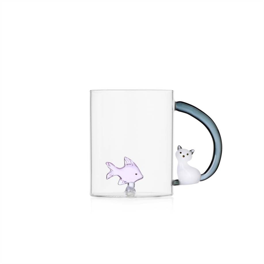 Mug Pink Fish & White cat with smoke tail