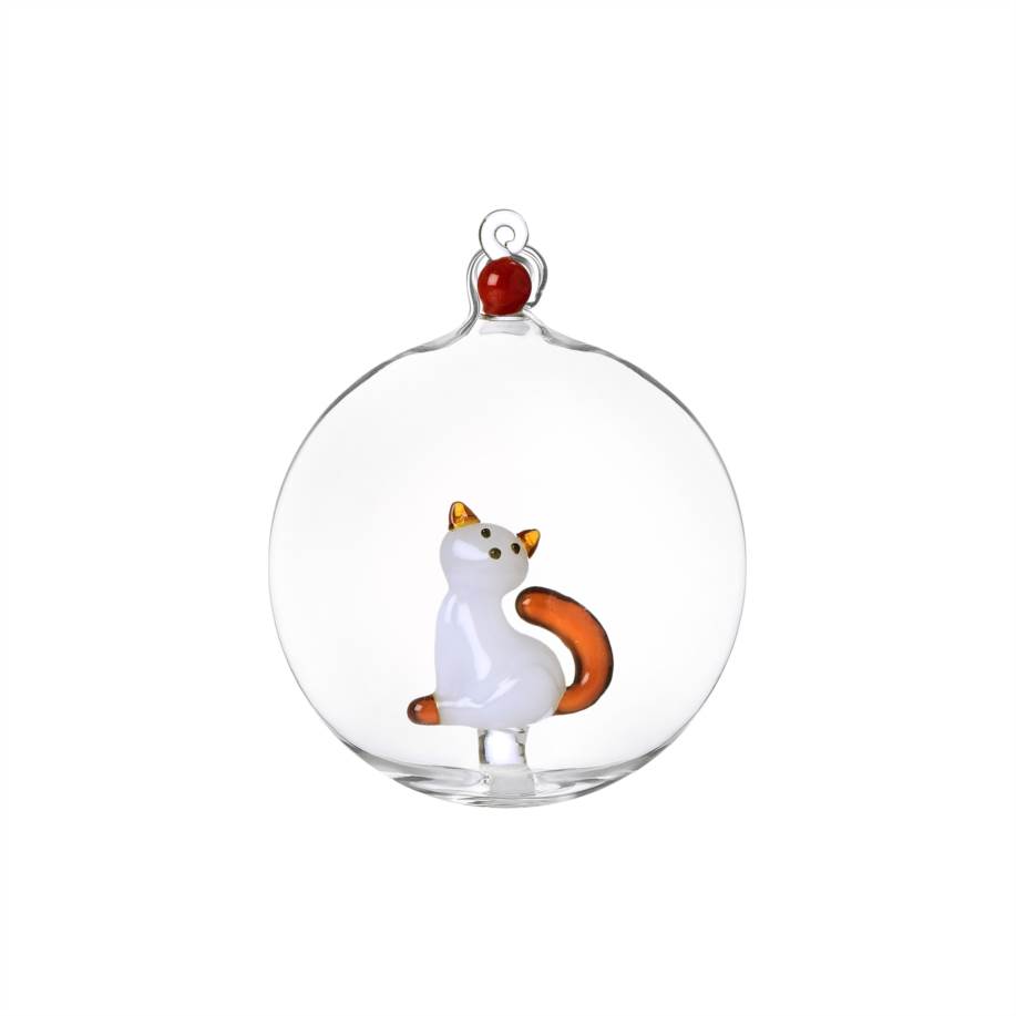 Christmas ball White cat with amber tail & Berry