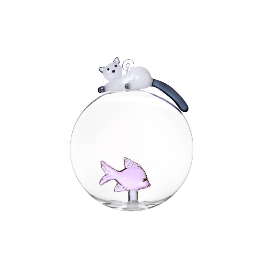 Christmas ball Pink Fish & White cat with smoke tail