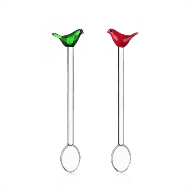 Set 2 pcs cucchiaio uccellino verde e uccellino rosso