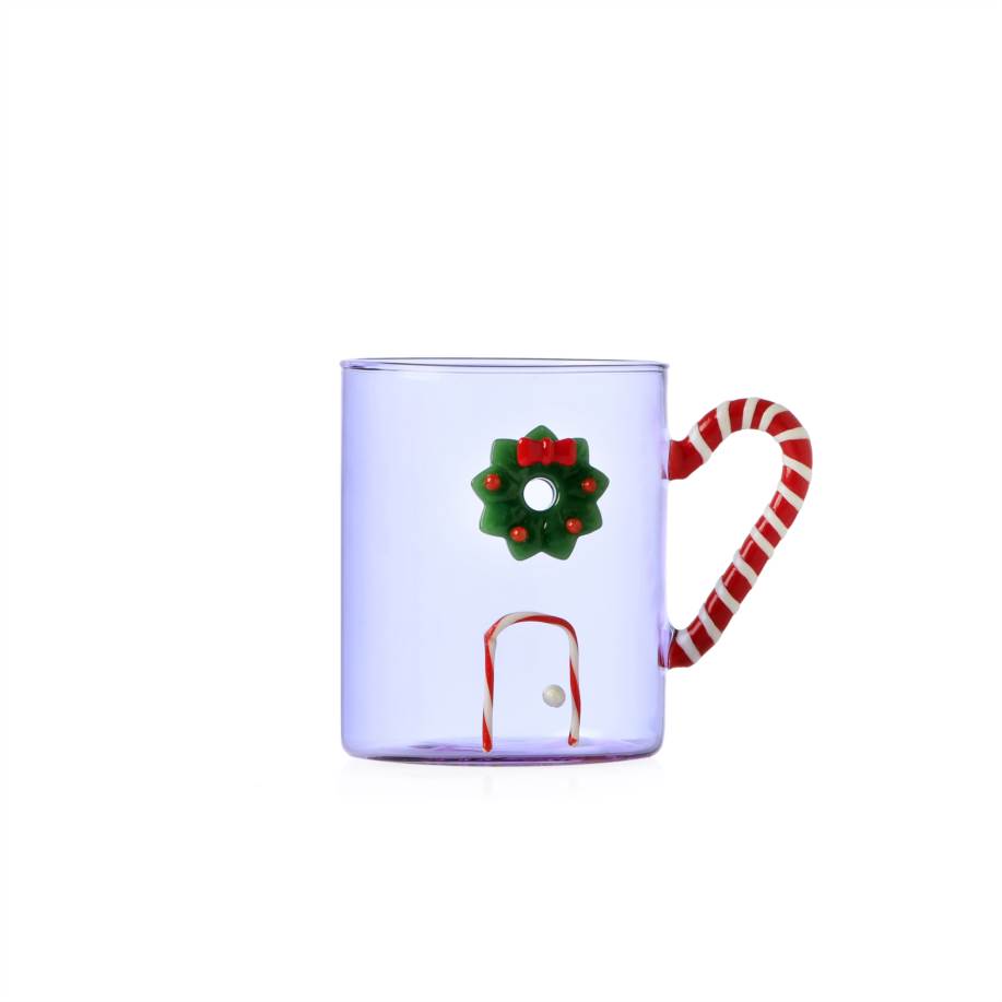 Lilac mug candy cane handle w/wreth