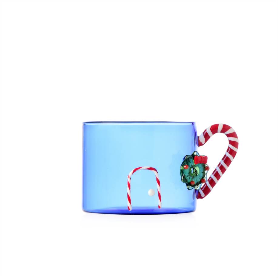 Blue mug candy cane handle w/wreth