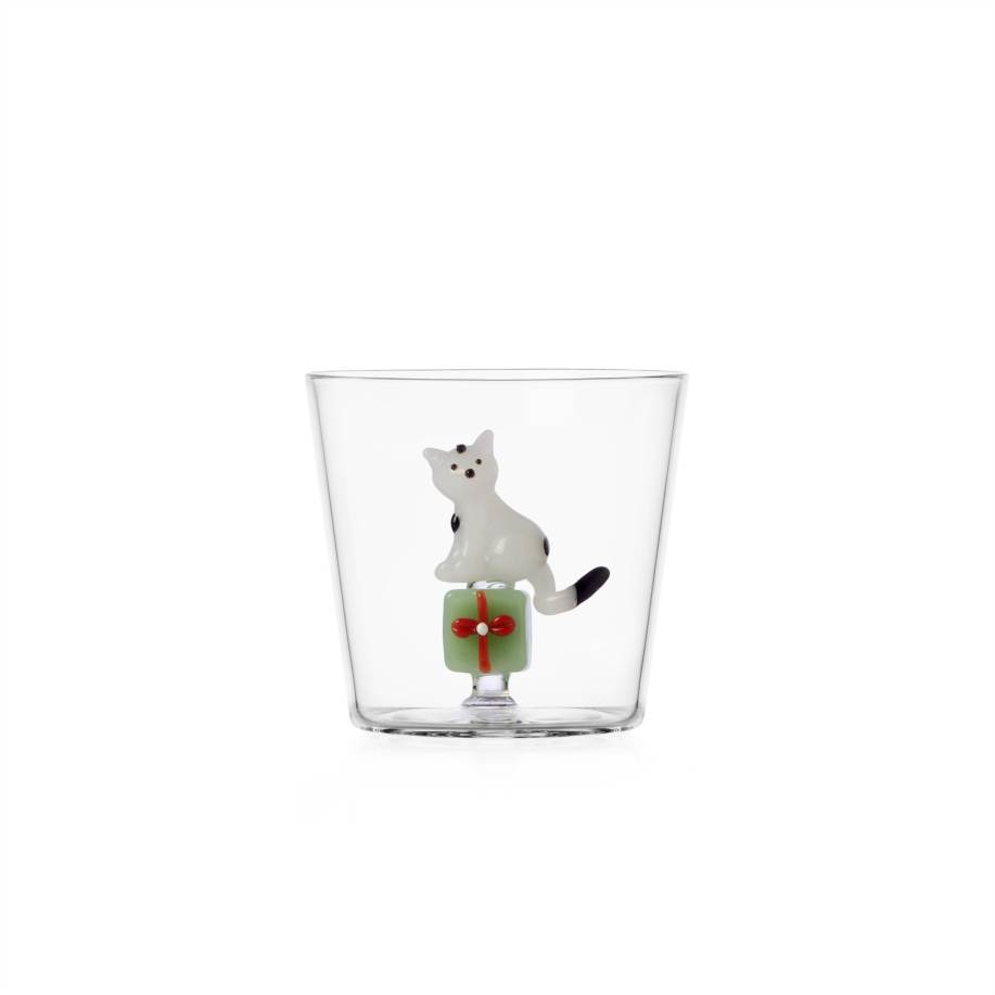 Tumbler white cat w/green gift