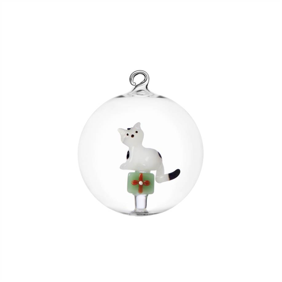 Christmas  ball white cat w/green gift