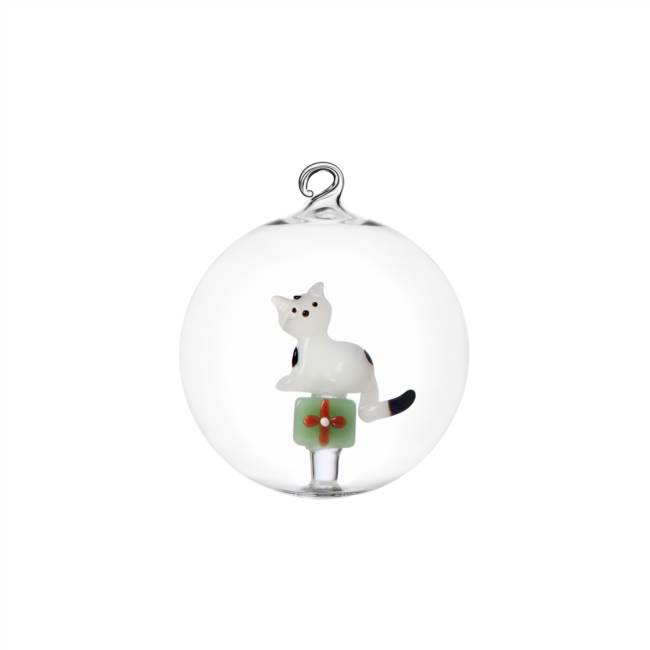 Palla Natale gatto bianco con regalo verde