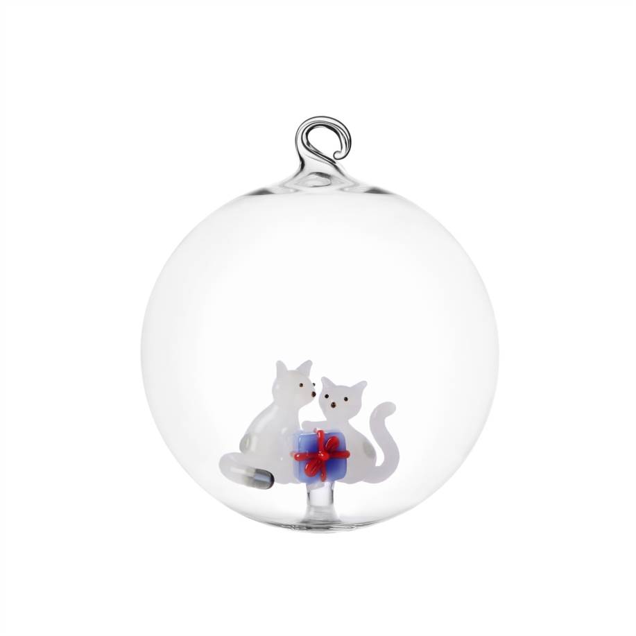 Christmas ball white cats w/light blue gift  - 12 cm