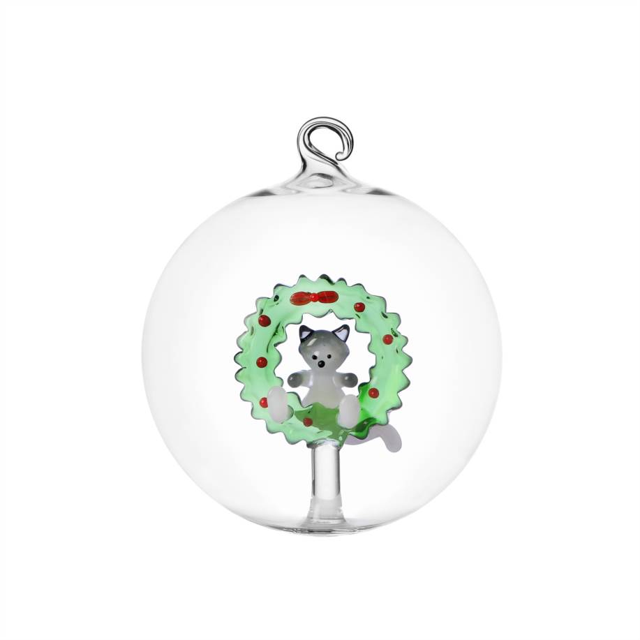 Palla Natale ghirlanda con gatto bianco - 12 cm 