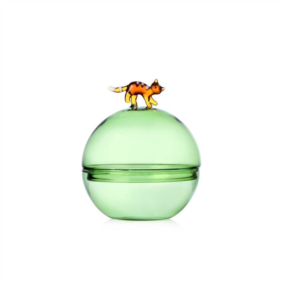Green sugarpot  w/amber cat