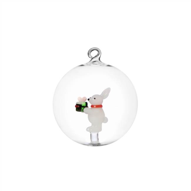 Christmas ball white rabbit w/green gift
