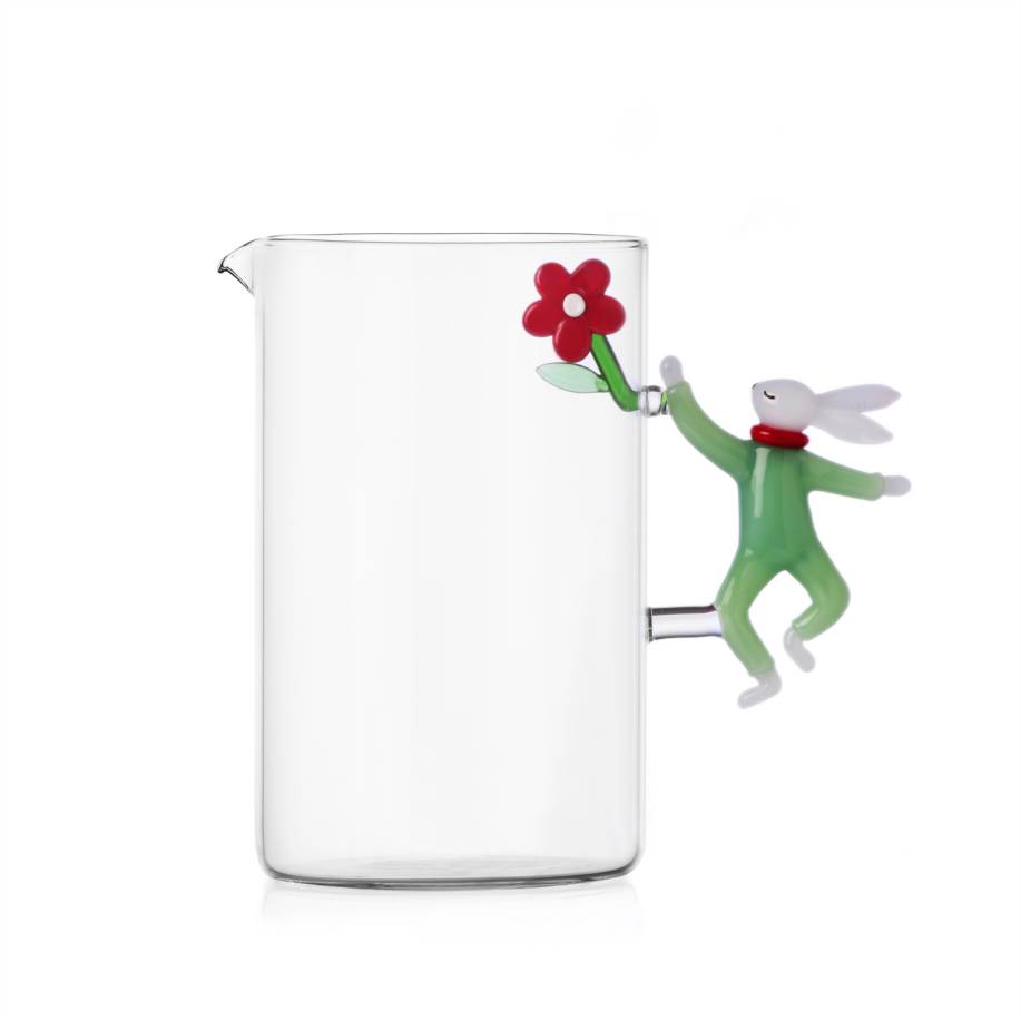 Jug white rabbit handle w/red flower inside