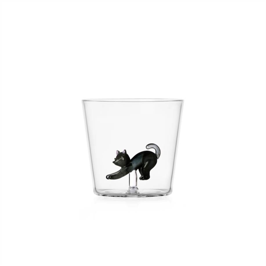 Tumbler stretching black cat