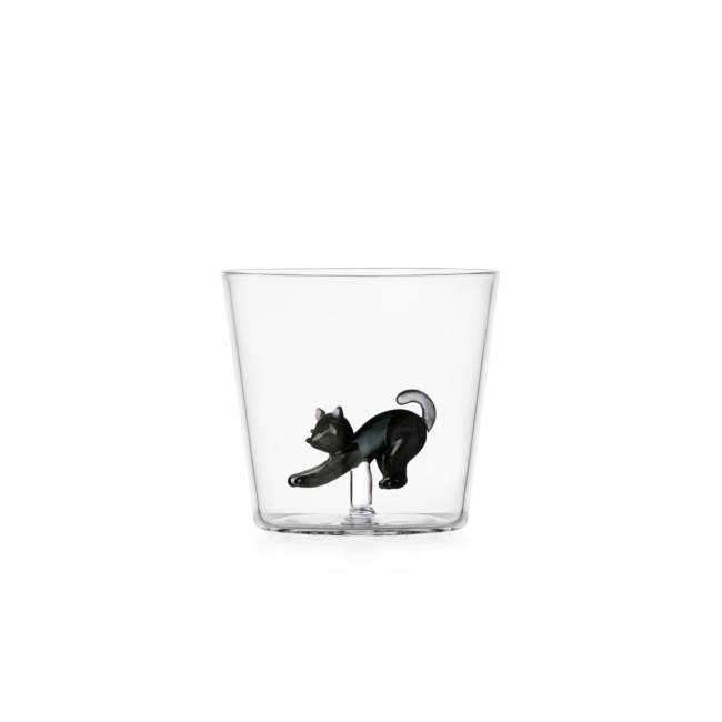Tumbler gatto nero che si stiracchia
